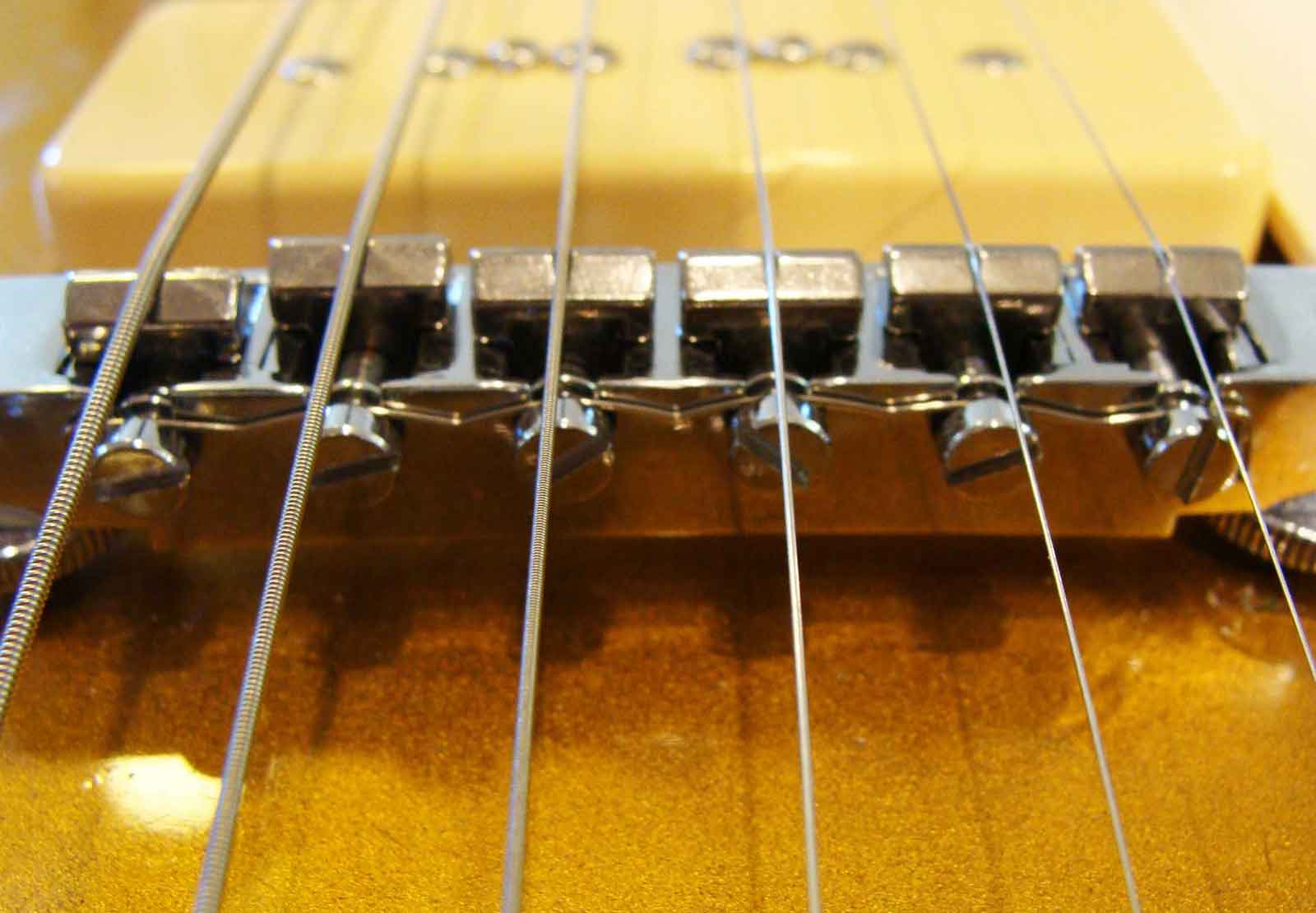 A close-up of a guitar bridge