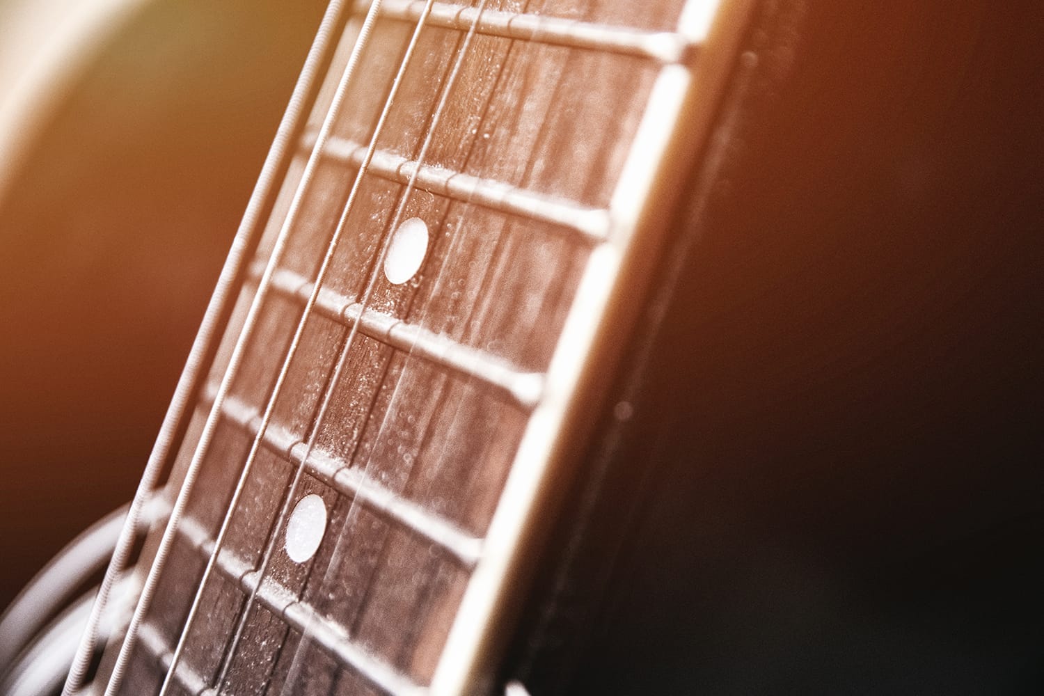 A close-up of guitar strings against a fretboard